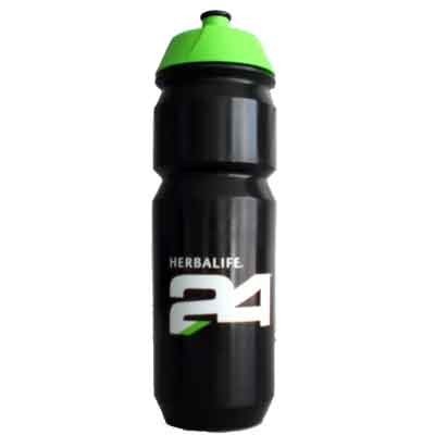 Garrafa desportiva preta com tampa verde e texto Herbalife 24
