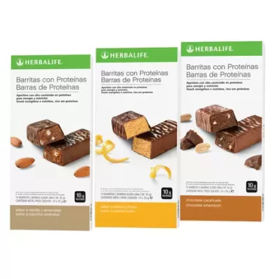 Três caixas de barras de proteínas Herbalife com diferentes sabores e ingredientes
