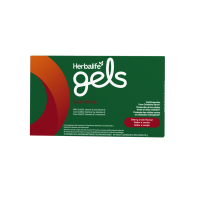 Embalagem verde dos gels Herbalife CoQ10Vita com texto informativo e design em laranja.