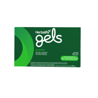 Embalagem verde de Herbalife gels com texto em inglês e português