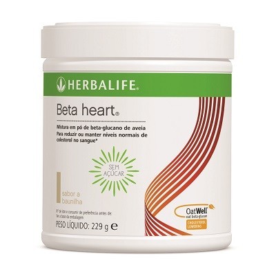 Embalagem branca de Herbalife Beta heart com design verde e laranja e texto em português