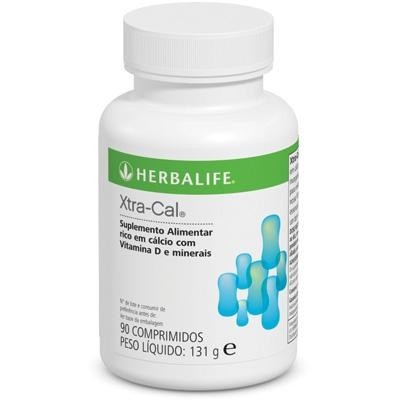 Frasco de suplemento alimentar Herbalife Xtra-Cal com rótulo verde e branco