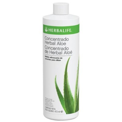 Frasco branco com Concentrado Herbal Aloe da Herbalife e imagem de folhas de aloe vera