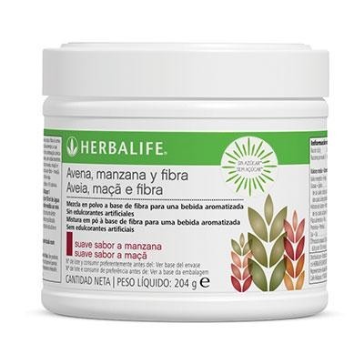 Embalagem branca de suplemento Herbalife sabor maçã e fibra com texto e ilustração de espigas