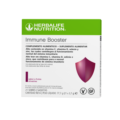 Caixa de suplemento Herbalife Nutrition Immune Booster com design verde e branco