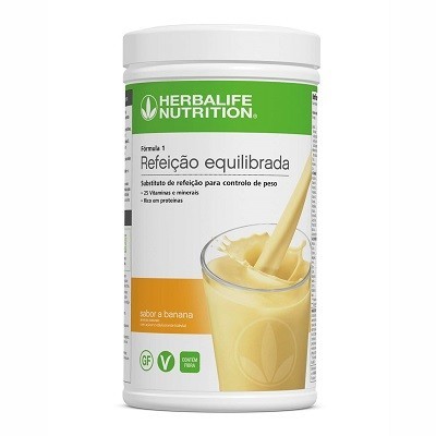 Frasco de suplemento Herbalife Nutrition Fórmula 1 sabor banana com texto em português e imagem de batido amarelo