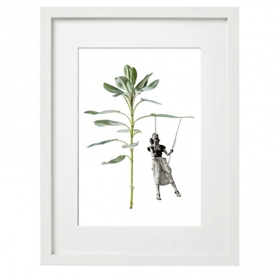 Quadro com ilustração de planta e figura humana em preto e branco