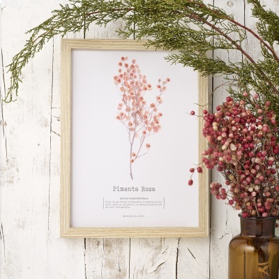 Pôster com ilustração de Pimenta Rosa em moldura de madeira ao lado de vaso âmbar com ramos decorativos.