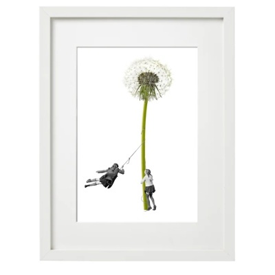 Quadro com ilustração de criança a usar dente-de-leão como baloiço