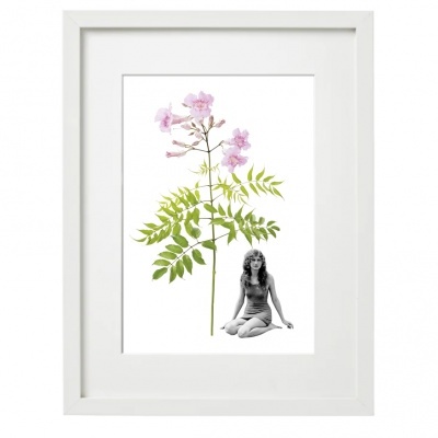 Quadro com ilustração de planta e figura feminina em preto e branco