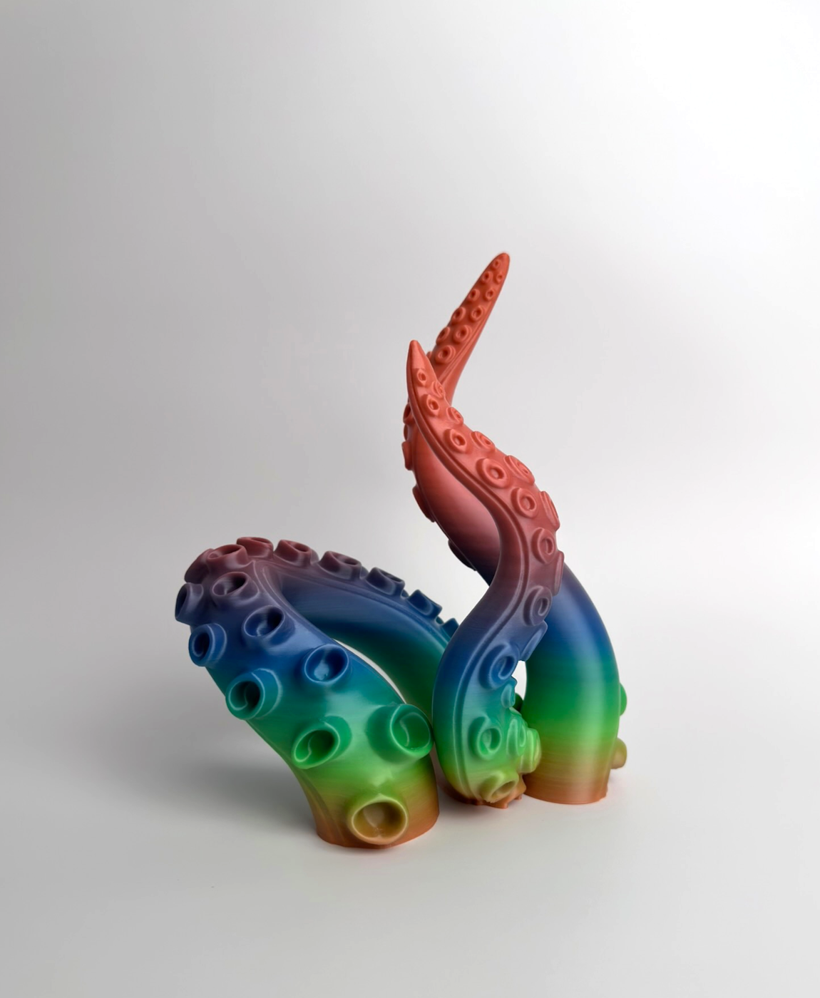 Escultura colorida de tentáculos de polvo com ventosas.