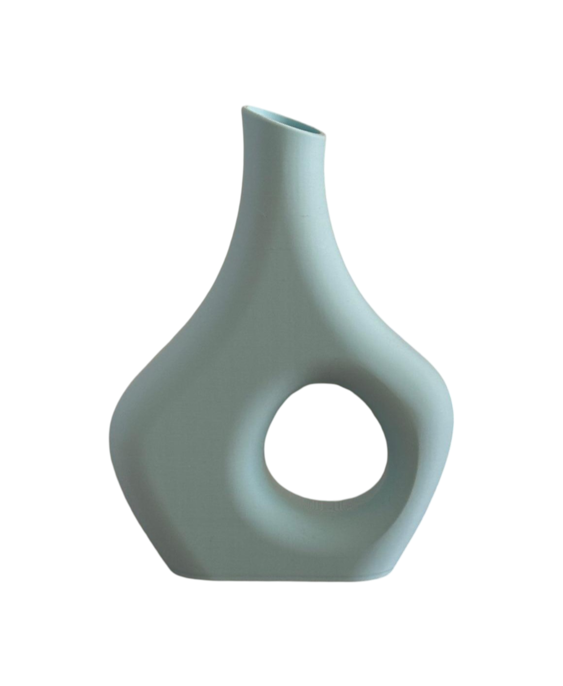 Vaso decorativo azul claro com abertura circular e bocal estreito