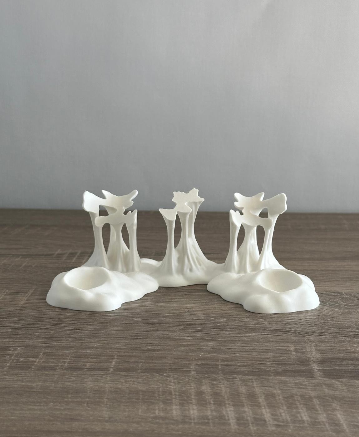 Esculturas brancas abstratas com textura lisa sobre mesa de madeira