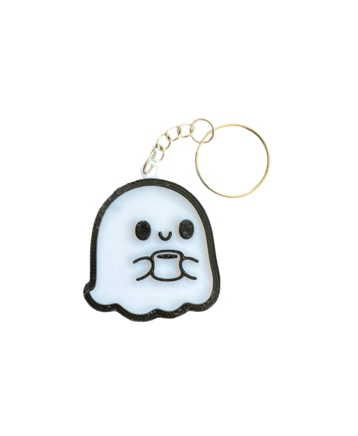 Porta-chaves fantasma branco com chávena e contorno preto.