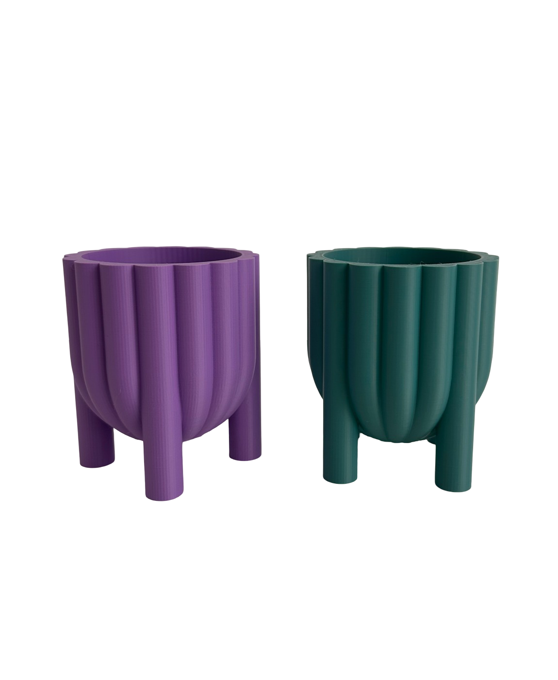 Vasos de planta moderno roxo e verde com textura acanalada e três pés