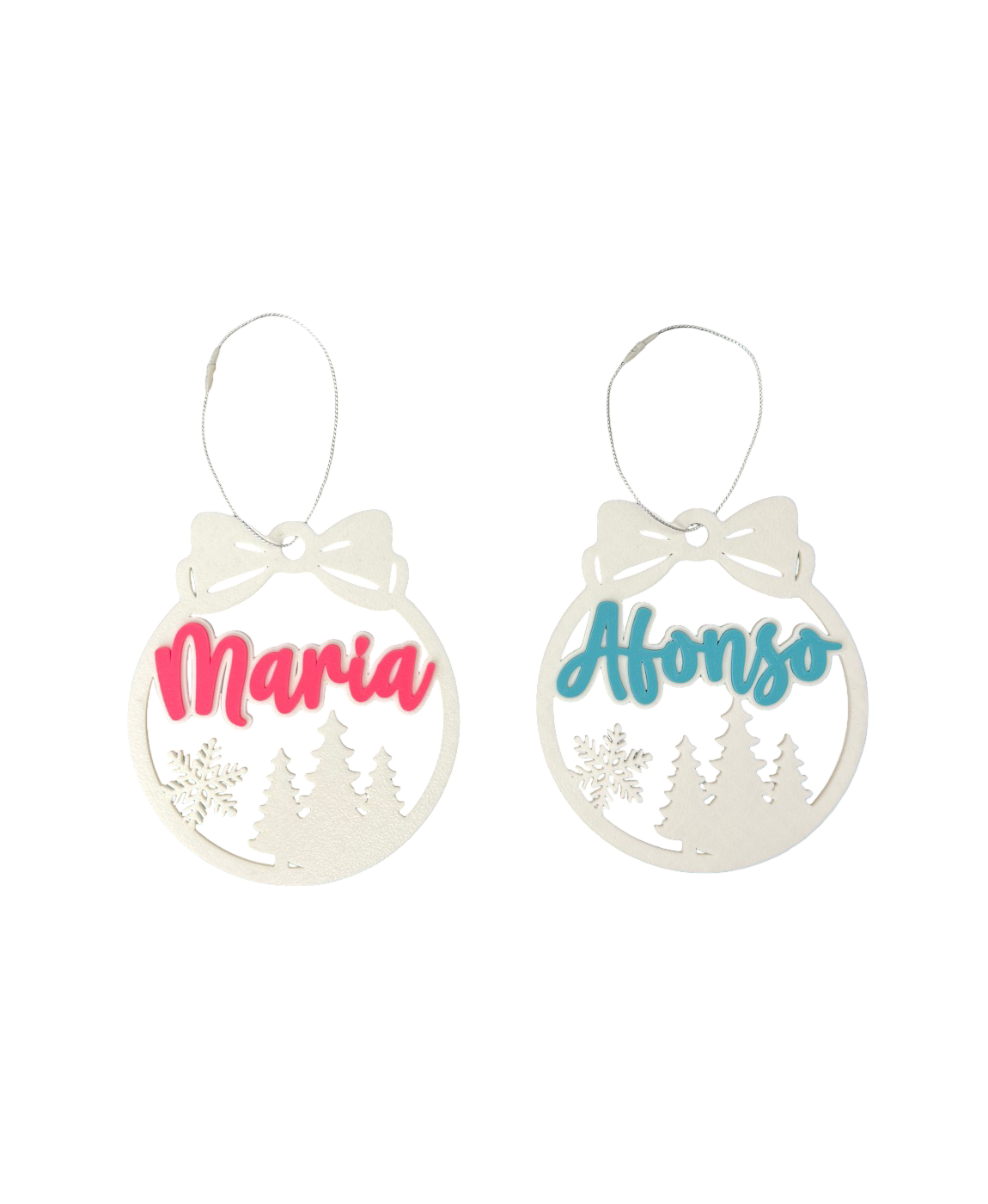 Dois enfeites de Natal personalizados com os nomes Maria e Afonso