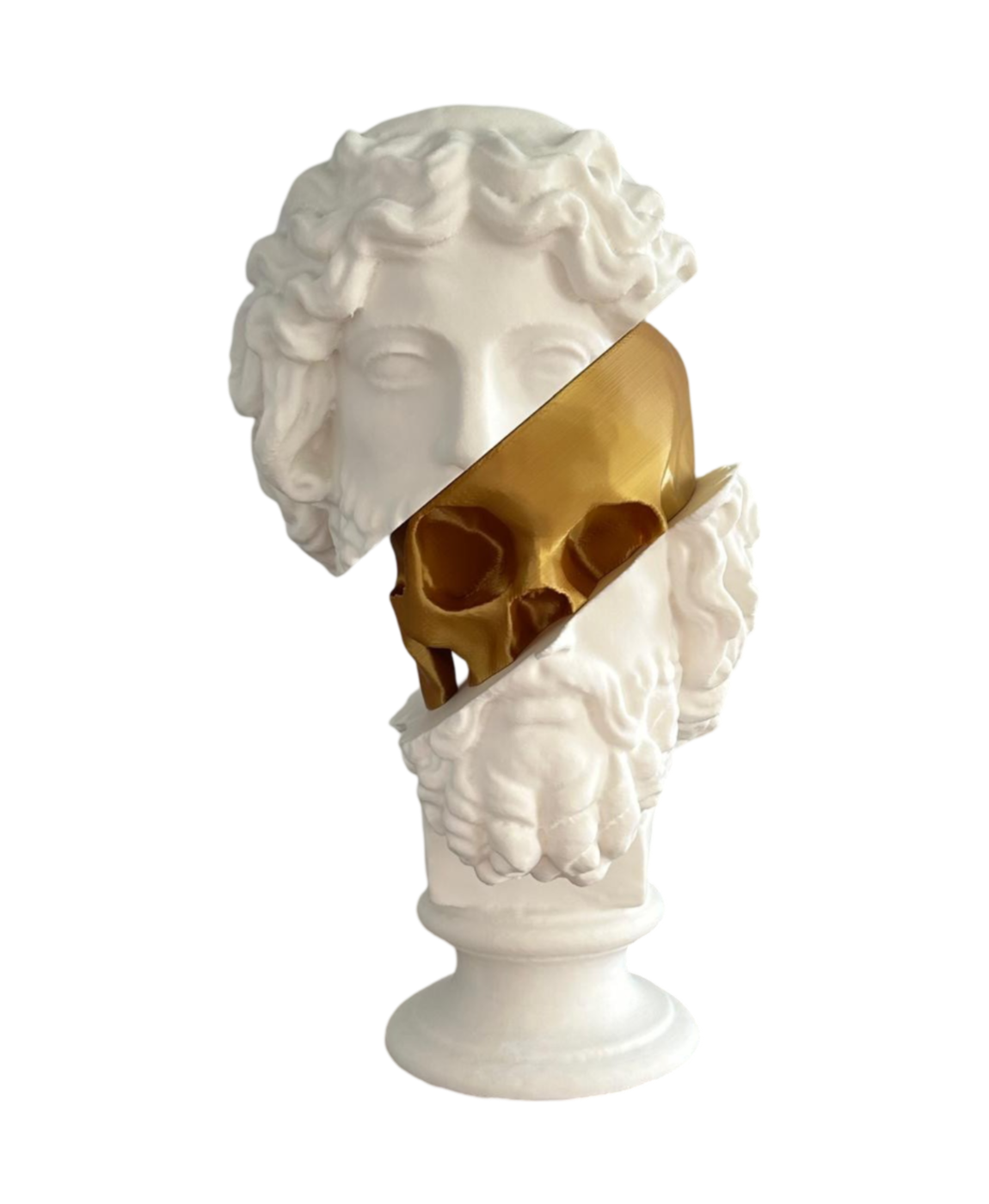 Escultura de busto clássico branco com crânio dourado escondido