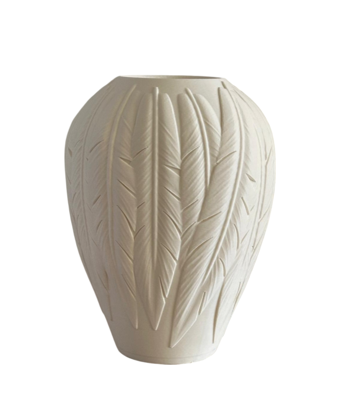 Vaso de cerâmica bege claro com textura em relevo de folhas