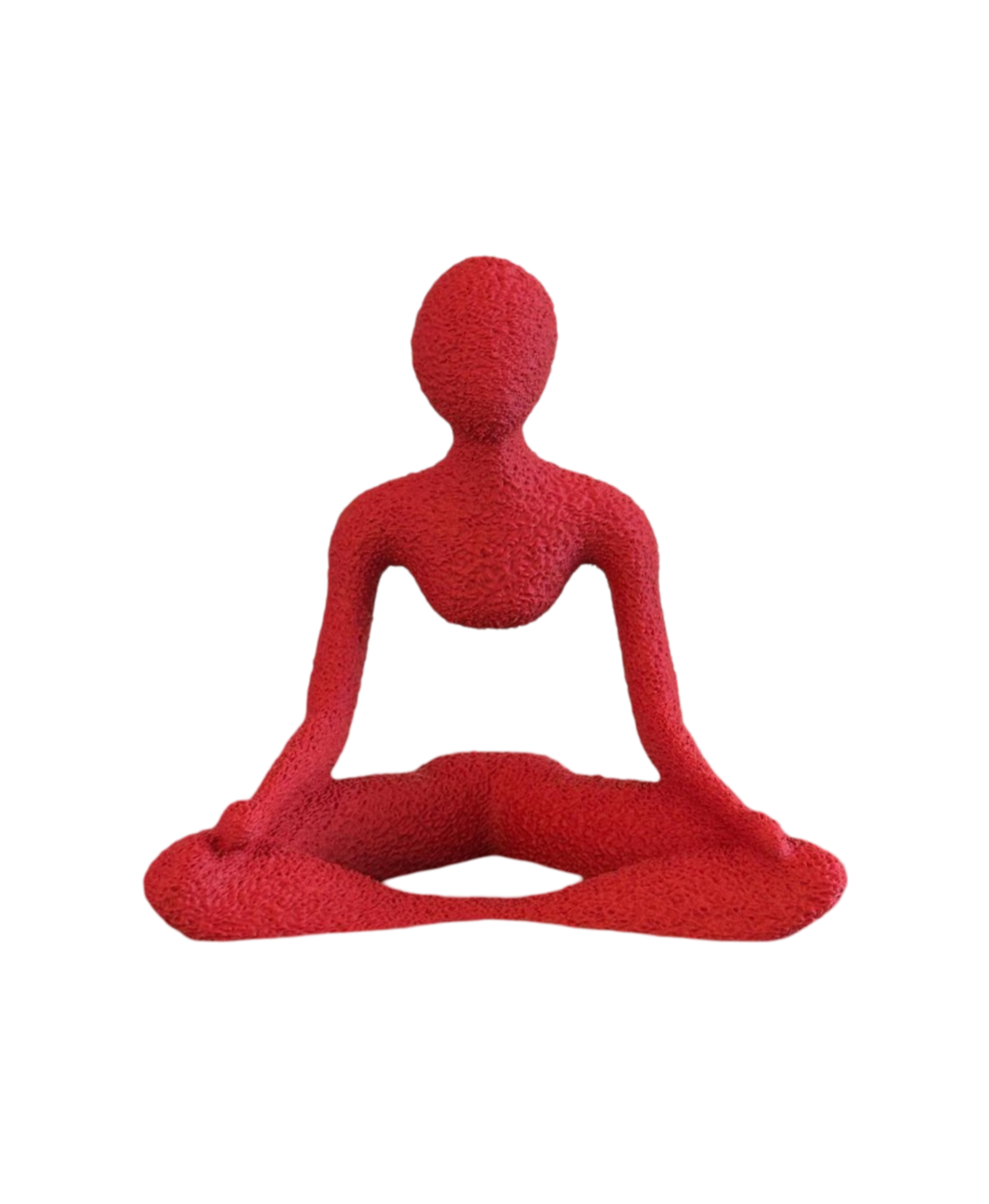 Escultura vermelha texturizada de figura humana sentada em posição de ioga