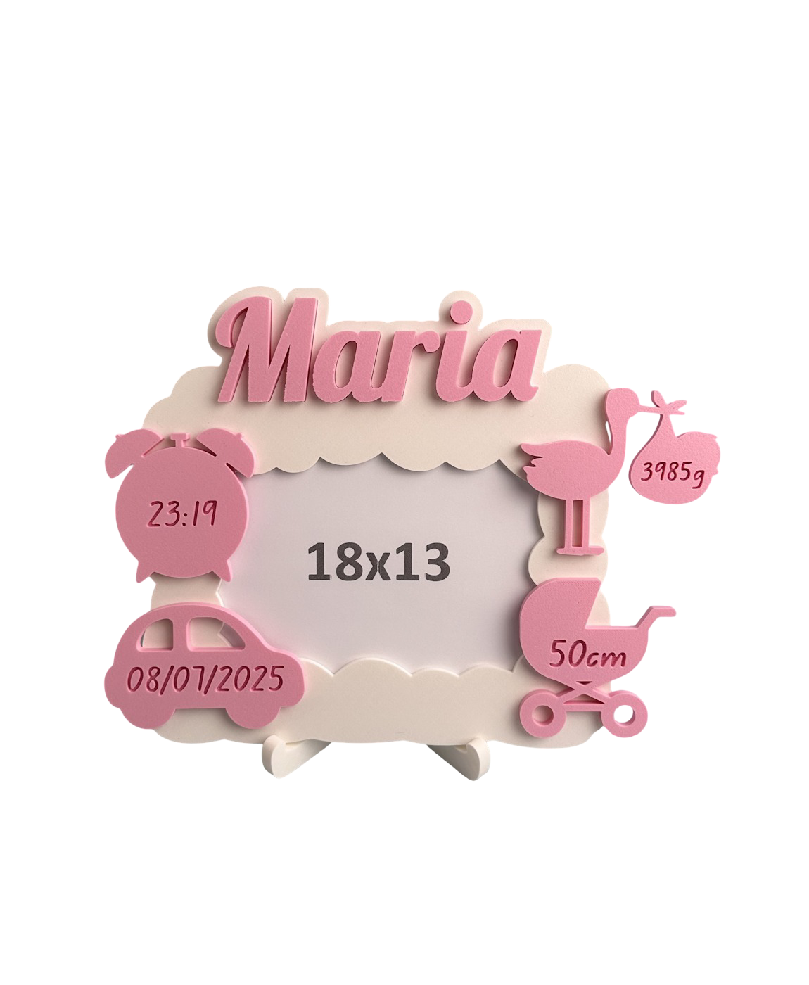 Moldura decorativa rosa e creme com nome Maria e símbolos de bebé com datas e medidas.