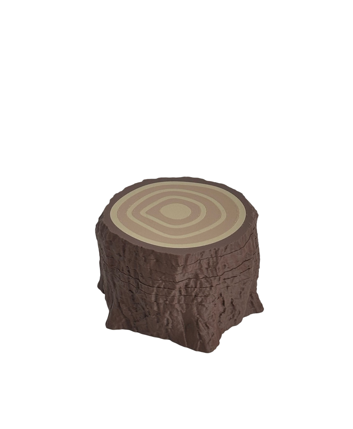 Pufe formato tronco de árvore castanho com padrão anéis de crescimento
