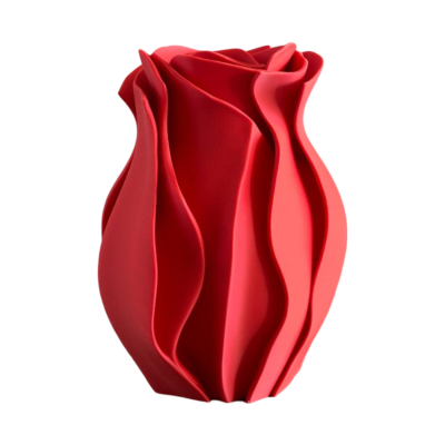 Vaso decorativo vermelho em cerâmica com design ondulado e textura lisa