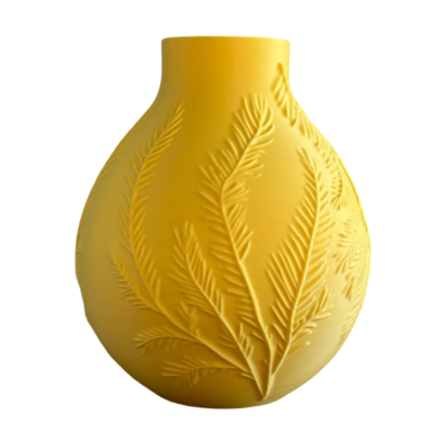 Vaso amarelo redondo com relevo de folhas