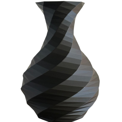 vaso decorativo cinza e preto com padrão espiral geométrico