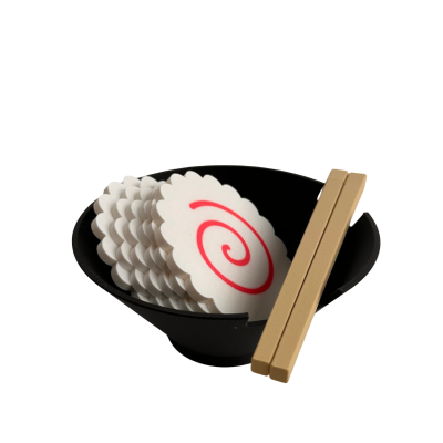 Tigela preta com três rodelas de espuma branca com espiral vermelha e pauzinhos de madeira clara