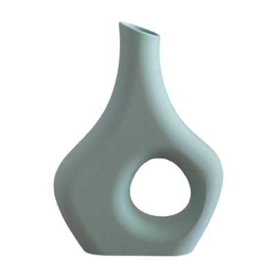 Vaso decorativo azul claro com abertura circular e bocal estreito