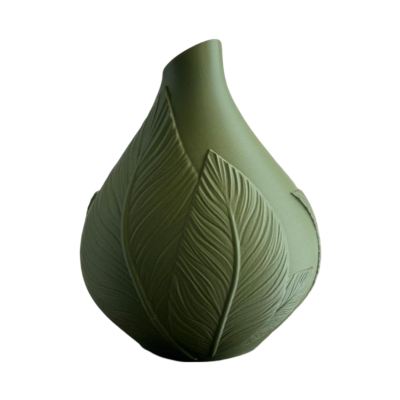 Jarro decorativo verde com textura de folhas em cerâmica