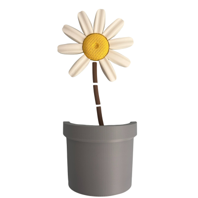 Flor decorativa em vaso cinzento com pétalas brancas e centro amarelo.