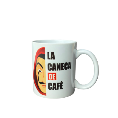 Caneca branca com texto 