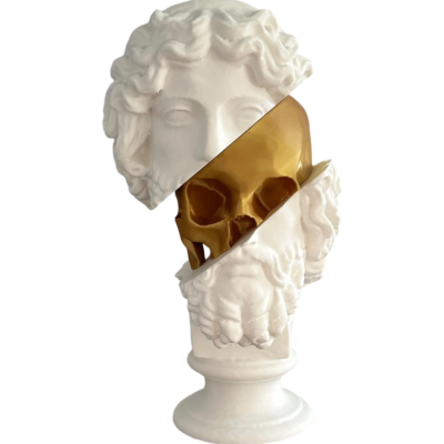 Escultura de busto clássico branco com crânio dourado escondido