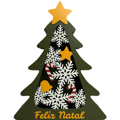 Figura decorativa árvore de Natal verde com elementos natalícios e texto Feliz Natal