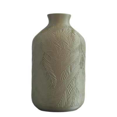 Vaso de cerâmica cinza com padrão de folhas gravado.