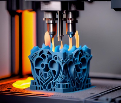 Objeto azul complexo sendo impresso em impressora 3D com duas cabeças de impressão