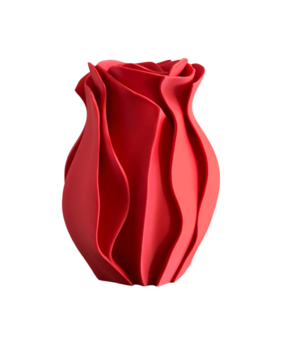 Vaso decorativo vermelho em cerâmica com design ondulado e textura lisa