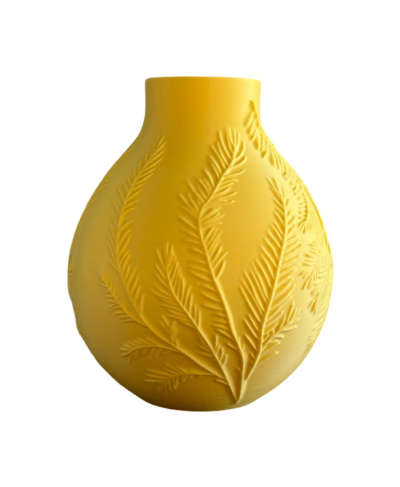 Vaso amarelo redondo com relevo de folhas