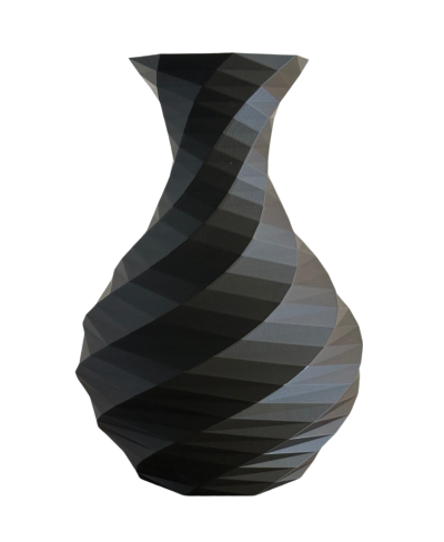 vaso decorativo cinza e preto com padrão espiral geométrico