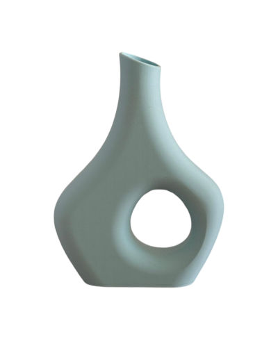 Vaso decorativo azul claro com abertura circular e bocal estreito