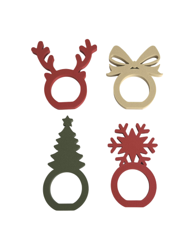 Anéis de guardanapo de madeira com formas natalícias em várias cores
