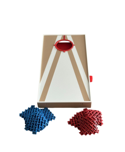 Jogo de mesa de lançamento de sacos de feijão com tabuleiro branco e bege e sacos azuis e vermelhos