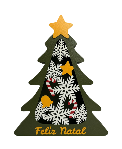 Figura decorativa árvore de Natal verde com elementos natalícios e texto Feliz Natal