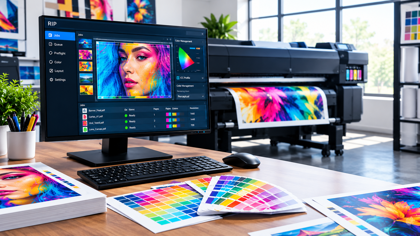 Monitor com software RIP e impressora grande a imprimir imagem colorida em ambiente de escritório