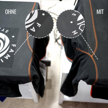 Duas peças de vestuário pretas com costuras laranja penduradas e círculos ampliados com texto