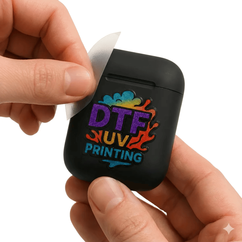 Estojo preto para auscultadores com autocolante colorido com texto DTF UV PRINTING