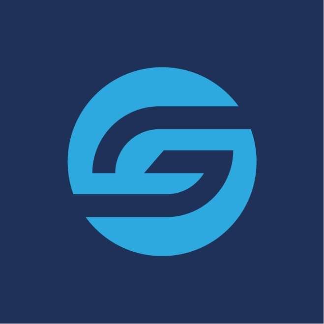 Logótipo circular azul sobre fundo azul escuro