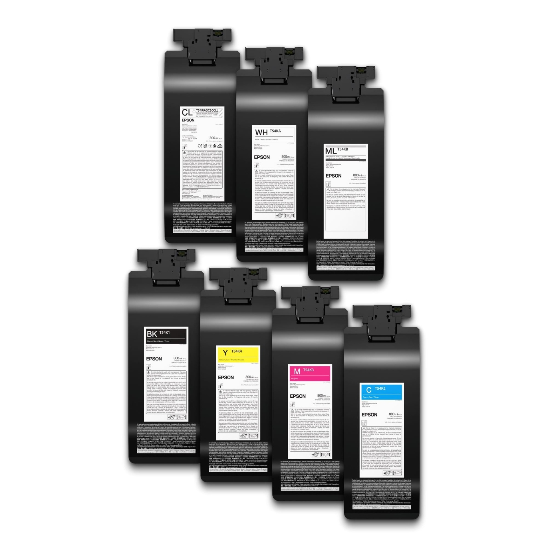 EPSON® Tinta UltraChrome DG2 - 800 ml Sete tinteiros Epson pretos com etiquetas coloridas e texto preto