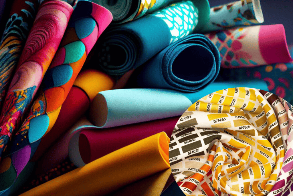 Rolos de tecido colorido com padrões e escala de cores visível